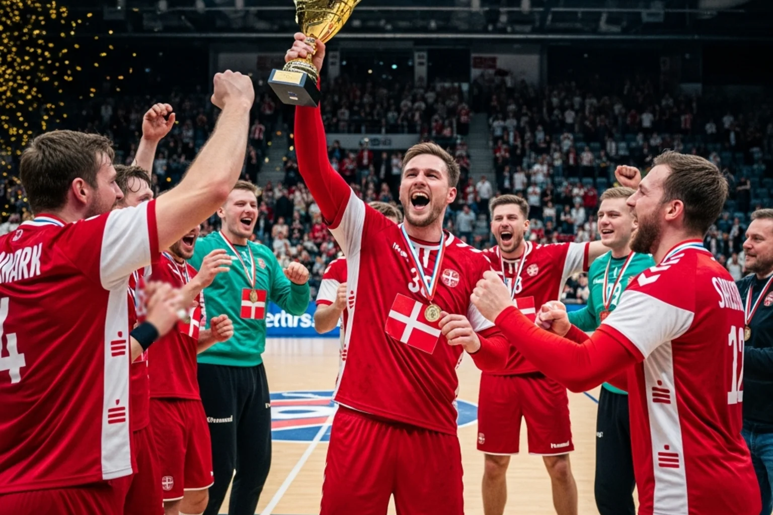 Dänische Handball-Nationalmannschaft feiert den WM-Titel mit Pokal
