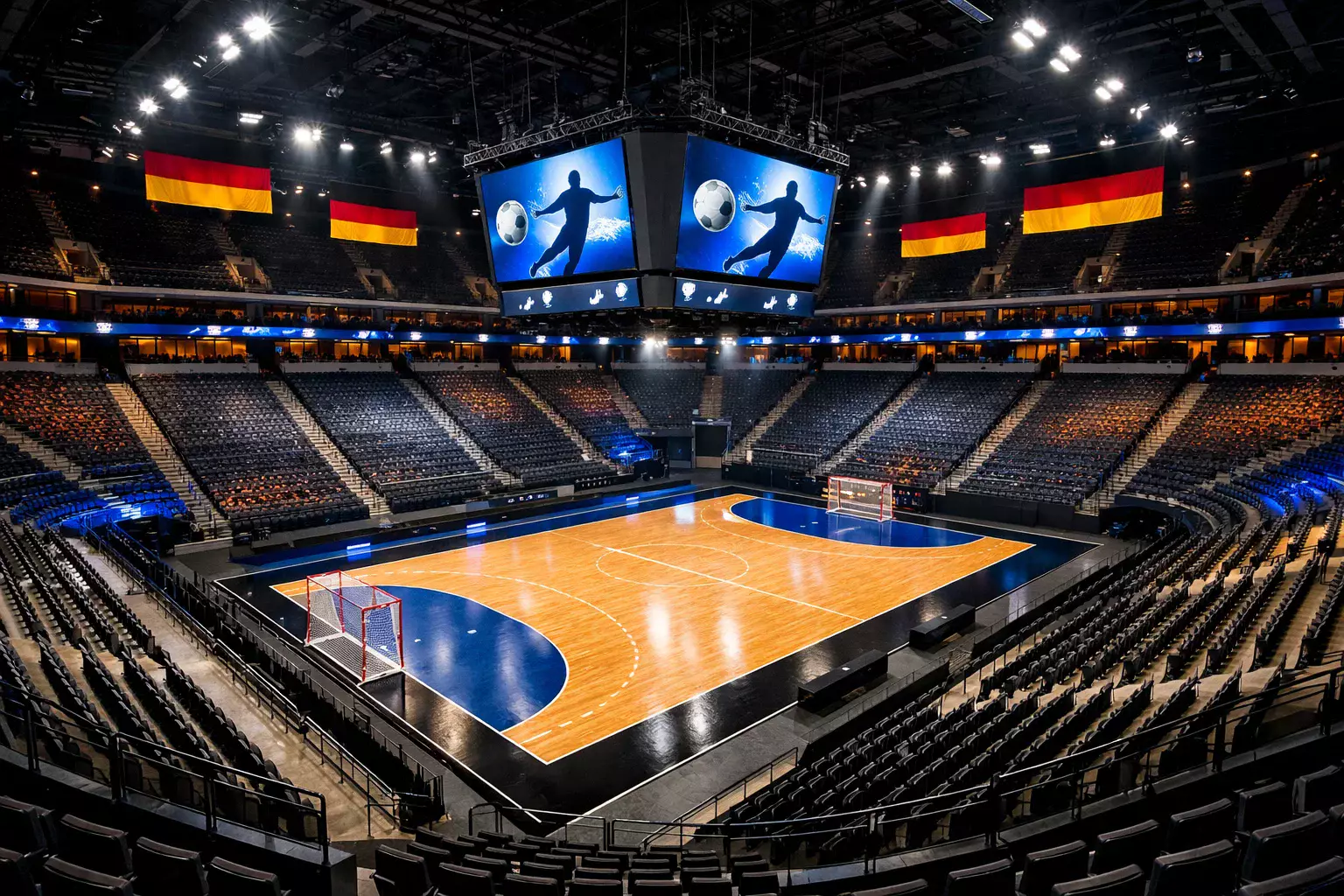 Handball WM 2027 Spielort — große Arena in Deutschland mit Zuschauern und Handballfeld